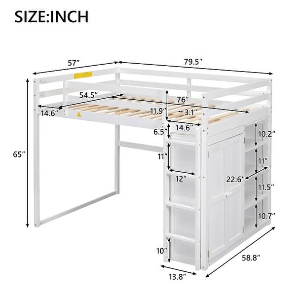 White Full Size Loft Bed with Storage Shelves & Wardrobe, Space Saving Wood Loft Bed Frame with LED Light for Kids Teens Adults