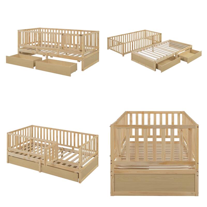 Twin Size Wood Daybed with Fence Guardrails and 2 Drawers
