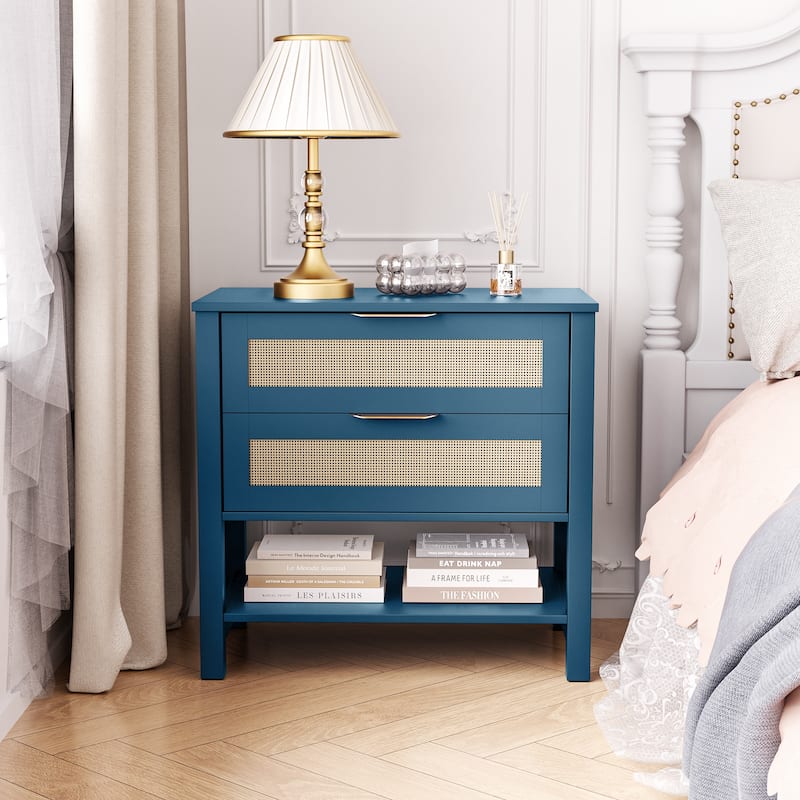 Rattan Nightstand with 2 Drawers and Storage Shelf Boho Bedside Narrow Side Table for Bedroom