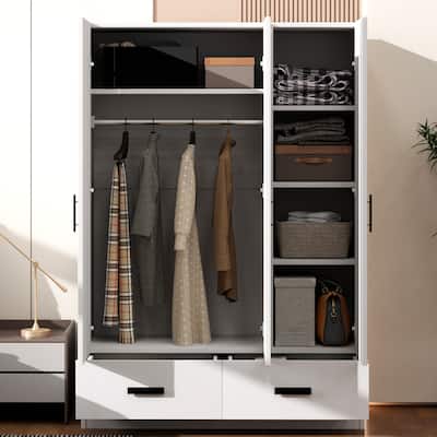 Roomfitters 3-Door Wardrobe Closet with Hanging Rod, Multi-Tier Shelves and Hidden Storage Compartments, White