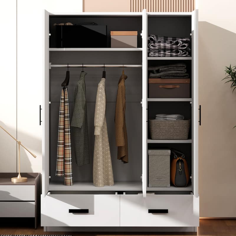 Wooden White Wardrobe Closet, 3 Door Armoire with Hanging Rod, Storage Shelves and 2 Drawers for Bedroom Cloakroom