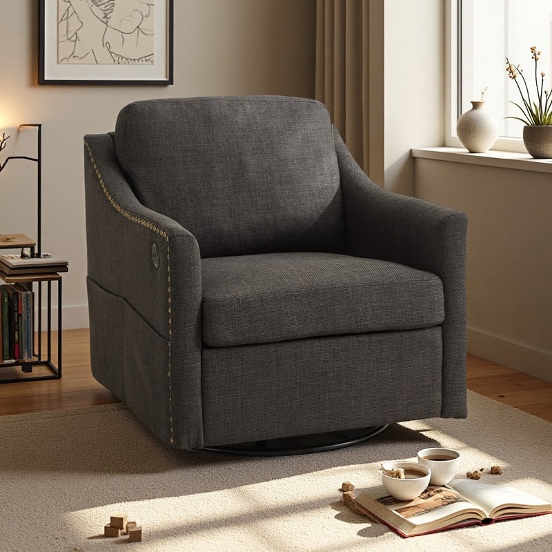 Wood+Fabric 360° Swivel Accent Chair with USB Port and Magazine Pockets