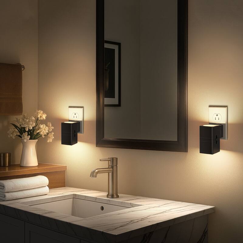 YANSUN Set of 2 Plug-in Dusk-to-Dawn Night Lights, Black Square Up Down Wall Lamp, 3000K Warm Light, Sliding Dimmer, US Plug