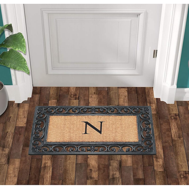 A1HC Rubber and Coir Paisley Border Monogrammed Outdoor Doormat Black, 18"X30"