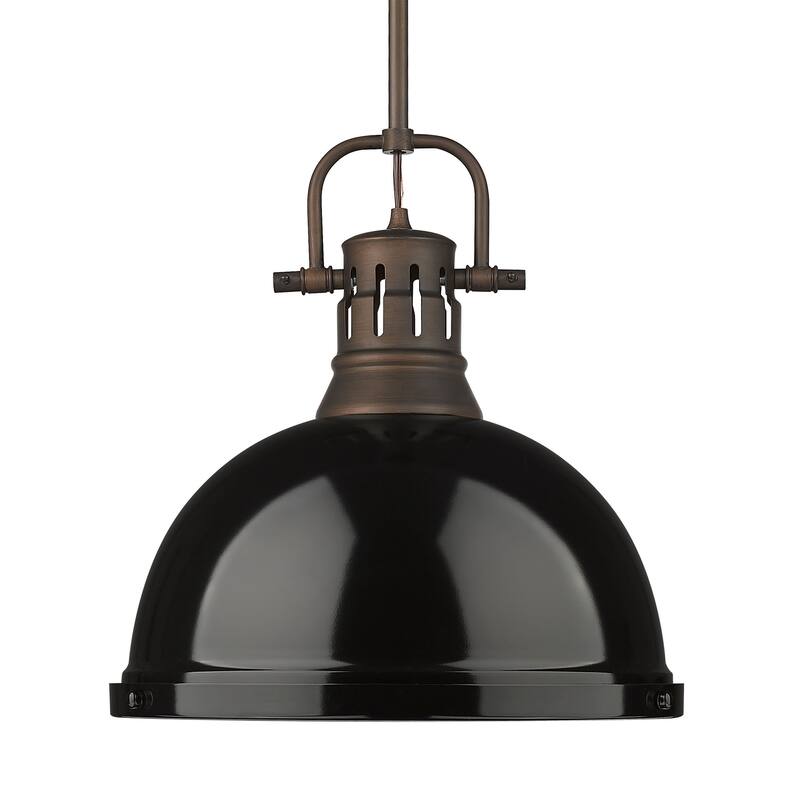 Yep by Golden Lighting Duncan 1-light 14in Rod Hung Pendant in Rubbed Bronze and Black shade