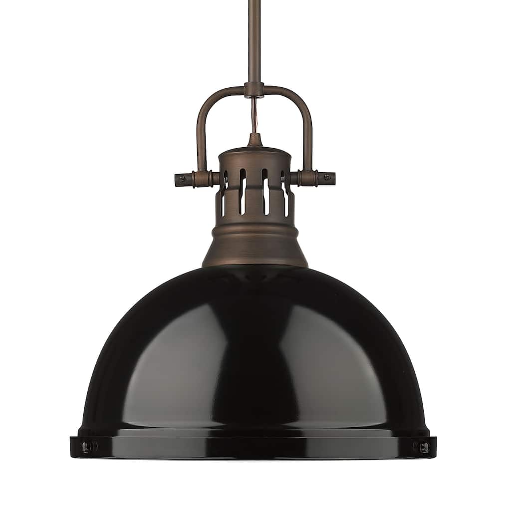 Yep by Golden Lighting Duncan 1-light 14in Rod Hung Pendant in Rubbed Bronze and Black shade