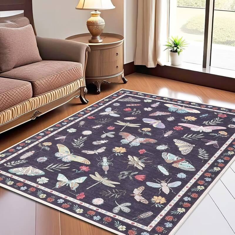 Floral Insect Print Washable Area Rugs for Living Room, Modern Non Slip Low Pile Area Rug - 8'x10' - Black