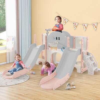 Kids Slide Playset Structure 7 in 1,Spaceship Set with Slide,Arch Tunnel,Ring Toss,Basketball Hoop,2 Slides,Climbers Playground
