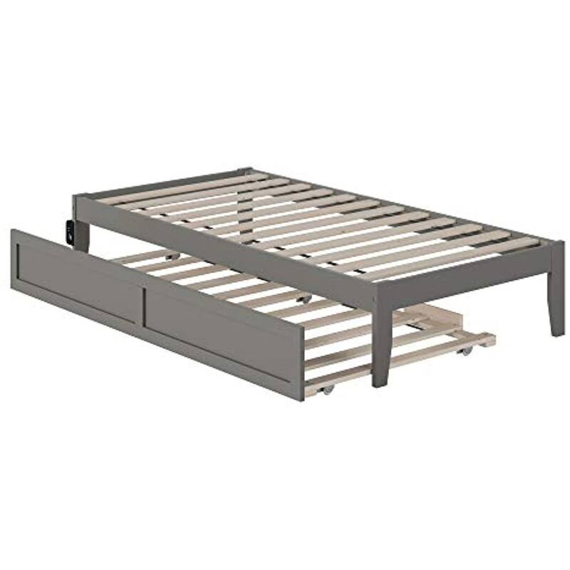 Twin Bed with Trundle & USB Charger - Grey Retro Style Platform Bed Frame, Strong Slats, Space Saving