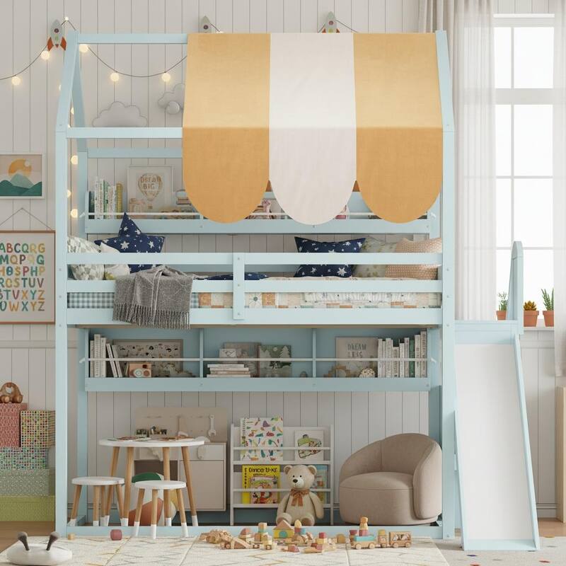 Full Size Loft Bed with Slide, Storage & Striped Canopy Roof by Harper&Bright Designs