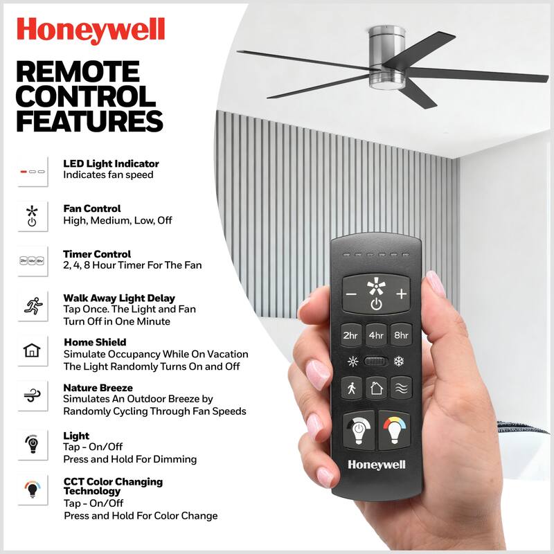 60" Honeywell Graceshire Brushed Nickel Indoor Ceiling Fan with LED Light and Remote Control, 6-Speed BLDC Motor
