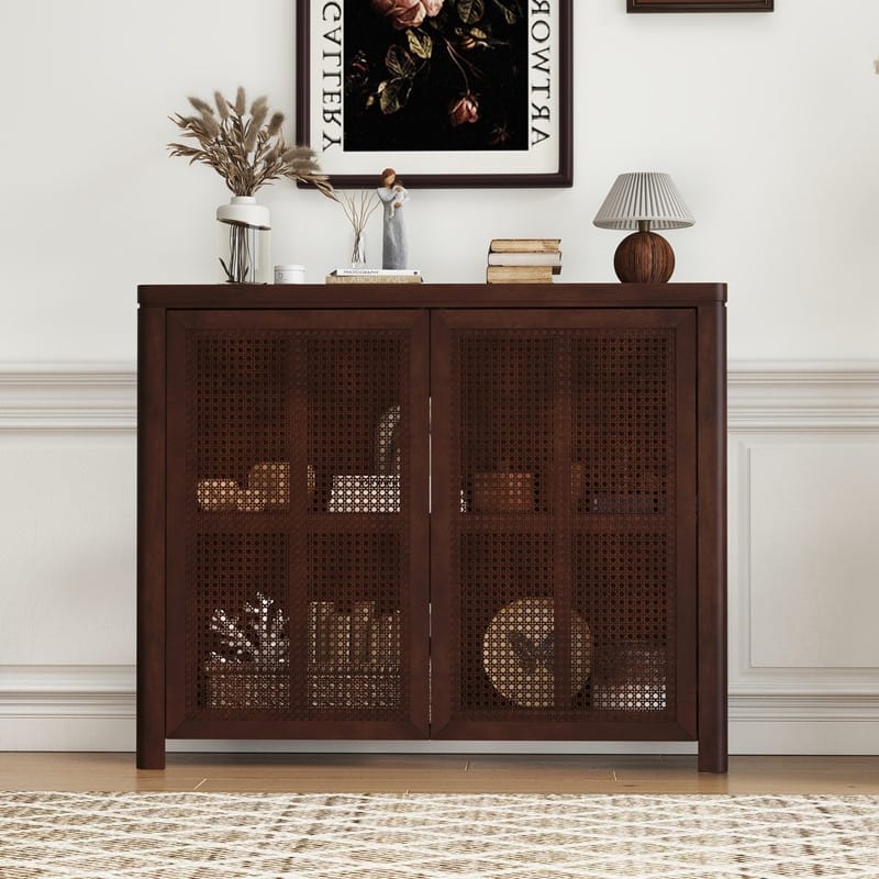 Mid Century Modern 63" Wide 2 - Cane Rattan Door Storage Sideboard, Retro Wine Bar Credenza for Living Room Entryway Kitchen