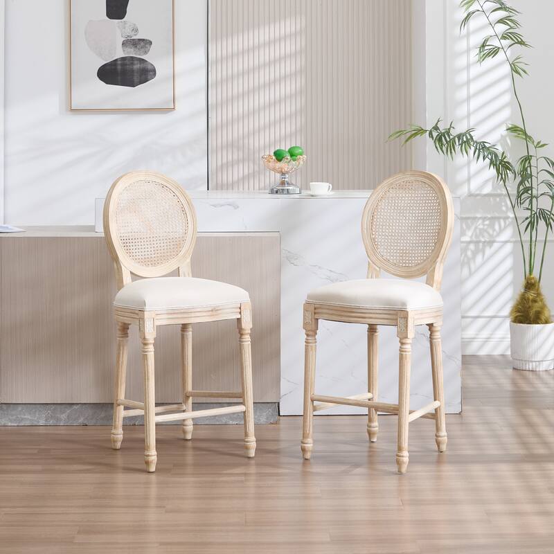 Dining Chairs Set of 2, Upholstered Chairs with Nature Rattan Round Back, Wire Drawing and Carving Techniques,Disassemblable