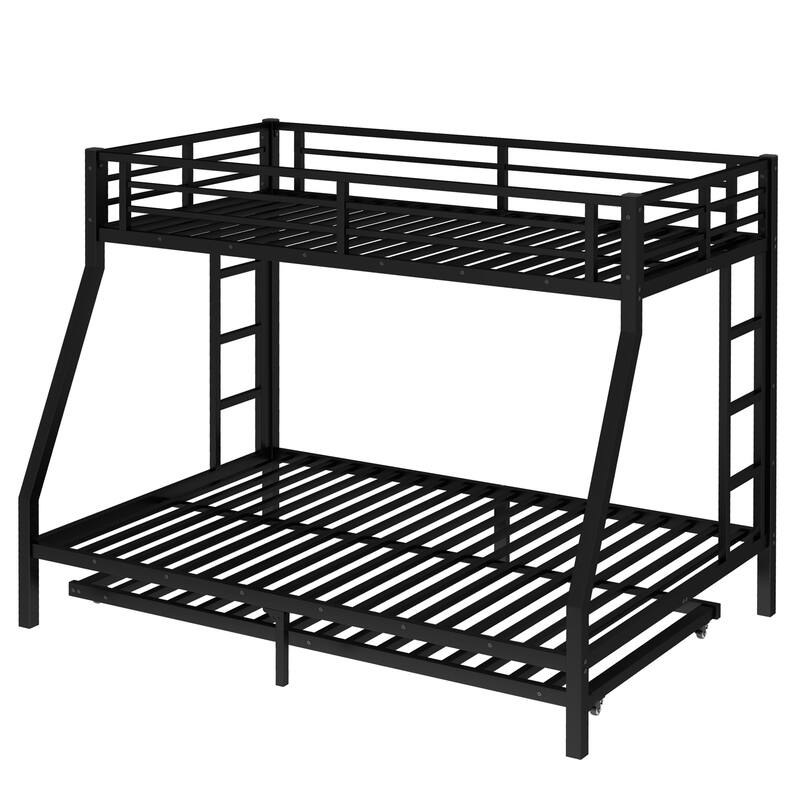 Metal Bed Frame Twin Over Full Bunk Bed with Twin Size Trundle Bed, Built-in Ladder and Full-Length Guardrails for Kids