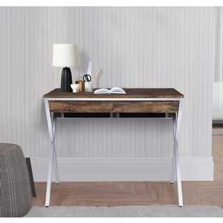 36 Inch Modern Office Desk, 2 Drawers, X Shape Frame, Wood, Oak, Chrome ...