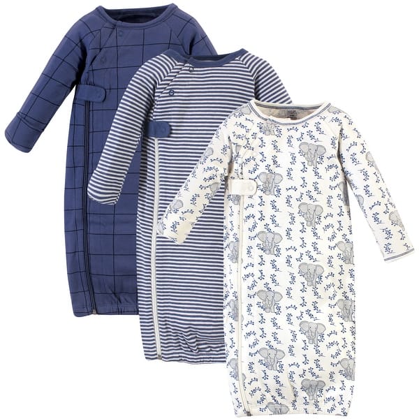 slide 1 of 1, Touched by Nature Baby Boy Organic Cotton Zipper Long-Sleeve Gowns 3pk, Blue Elephant 0-6 Months - Elephant Side Zipper