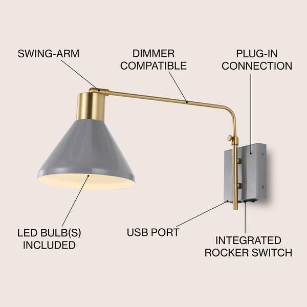 dimension image slide 2 of 5, Justina Swing Arm 1-Light Modern Midcentury Iron USB Charging Port LED Sconce, by JONATHAN Y