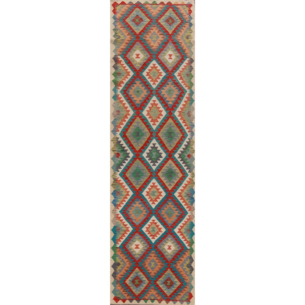 Hand Woven Oriental 100% Wool Carpet Southwestern Geometric Multi-Colored Kilim Runner Rug - 12' 9'' X 2' 10''