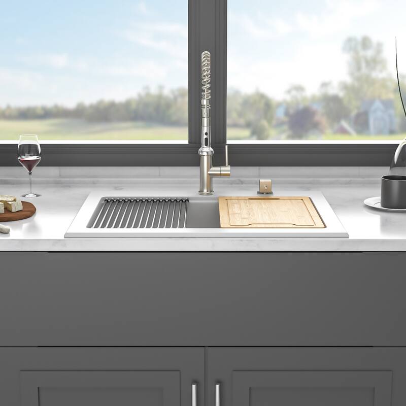 30" Drop-In Single Bowl Quartz Kitchen Sink with Pull-Out Faucet in White - 30'' x 22'' x 10''