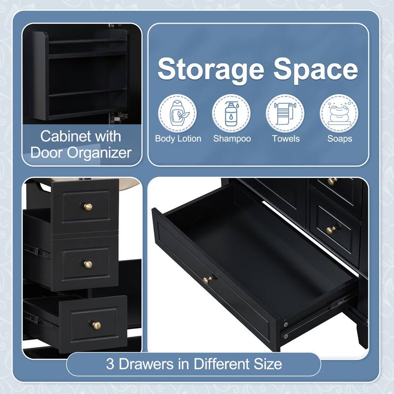 30" Bathroom Vanity w/Ceramic Sink and One-Door Shelf, Water-Resistant Wood One Cabinet Vanities w/ 3 Drawers & Soft Close Door