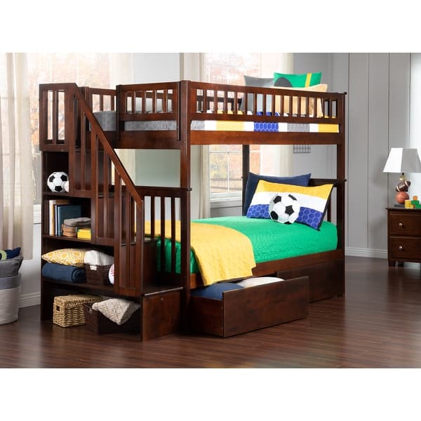 Woodland Twin over Twin Solid Wood Staircase Bunk Bed with 2 Storage ...