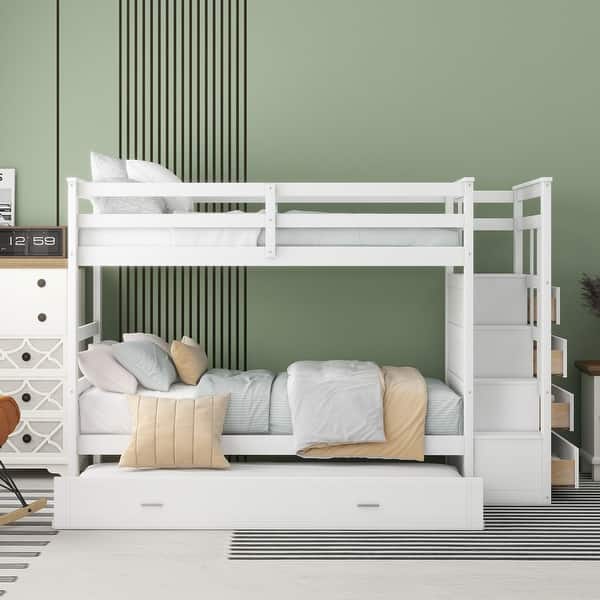 slide 2 of 14, Twin Bunk Bed with Trundle & Staircase - Space-Saving Design