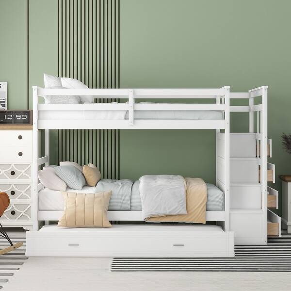 slide 2 of 13, Twin Over Twin Bunk Bed with Trundle Bed, Staircase & 4 Drawers, White White - Twin
