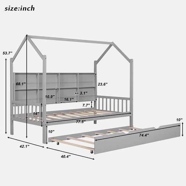 dimension image slide 3 of 4, Wooden Twin Size House Bed with Trundle,Kids Bed with Shelf