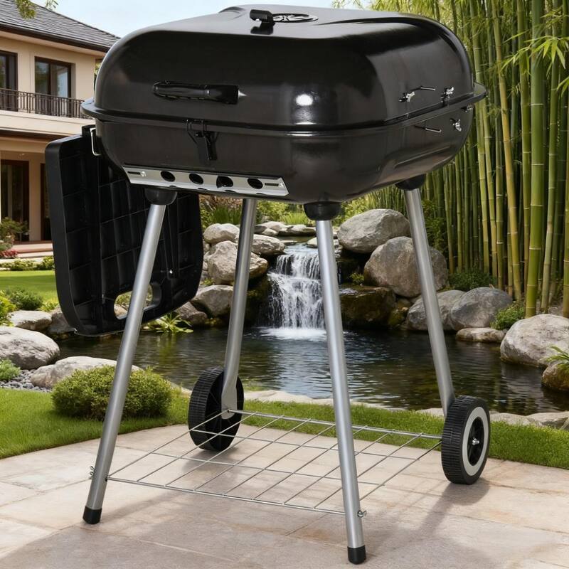 GDFStudio - Outdoor Charcoal Barbecue Grill with Shelf and Wheels