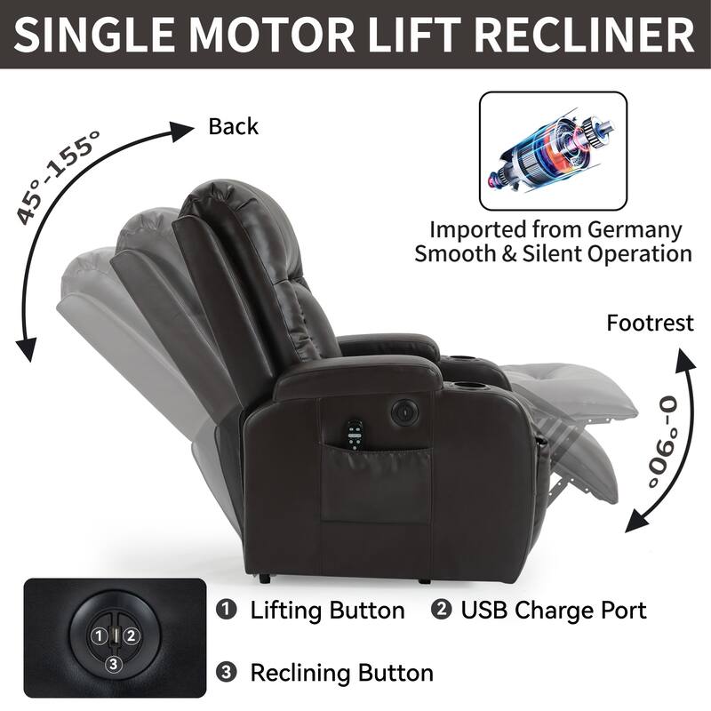 Infinite Position Power Lift Recliner Chair for Elderly, with 8-Point Vibration Massage and Lumbar Heating, USB Charging Port