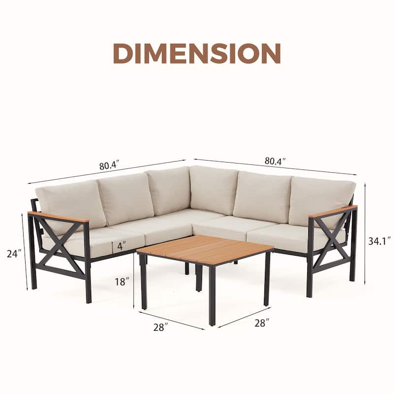 EROMMY 6-Piece Patio Sectional Furniture Set, Outdoor Metal L-Shaped Sofa with Faux Wood Coffee Table and Thick Cushions