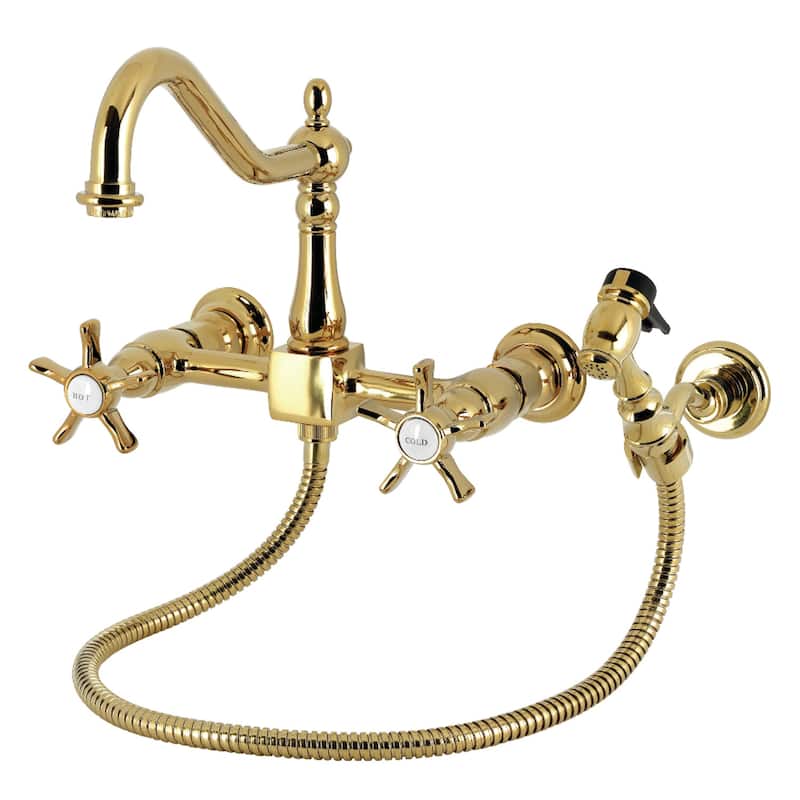 Kingston Brass Essex Double-Handle Wall-Mount Pre-Rinse Bridge Kitchen Faucet - Polished Brass