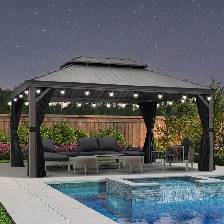 PURPLE LEAF Patio Gazebo for Light Grey Backyard Hardtop Galvanized Steel Frame with Upgrade Curtain - 12' x 16' (Hot Sale) - With lights