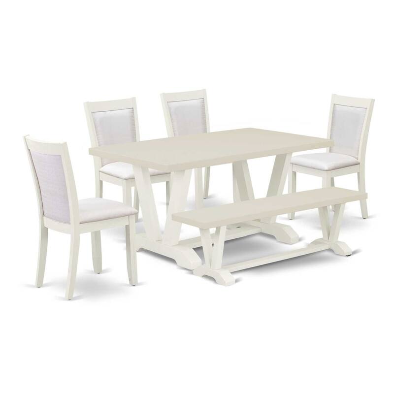 HomeStock 6-Piece Rectangle Wire Brushed Linen White Finish Solid Wood Top Dining Table with 1-Bench, 4-Chairs