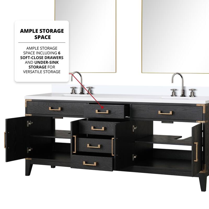 Laurel 60 in W x 22 in D Black Oak Double Bath Vanity, White Quartz Top, Faucet Set, and 28 in Mirrors