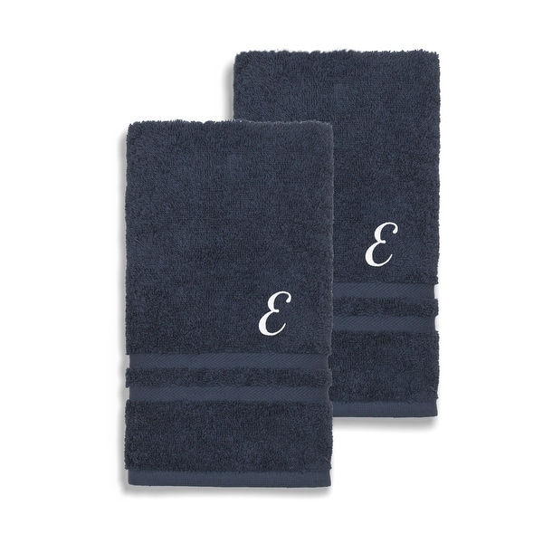 Authentic Hotel and Spa Omni Turkish Cotton Terry Set of 2 Navy Blue Hand Towels with White Script Monogrammed Initial - Navy Blue/E