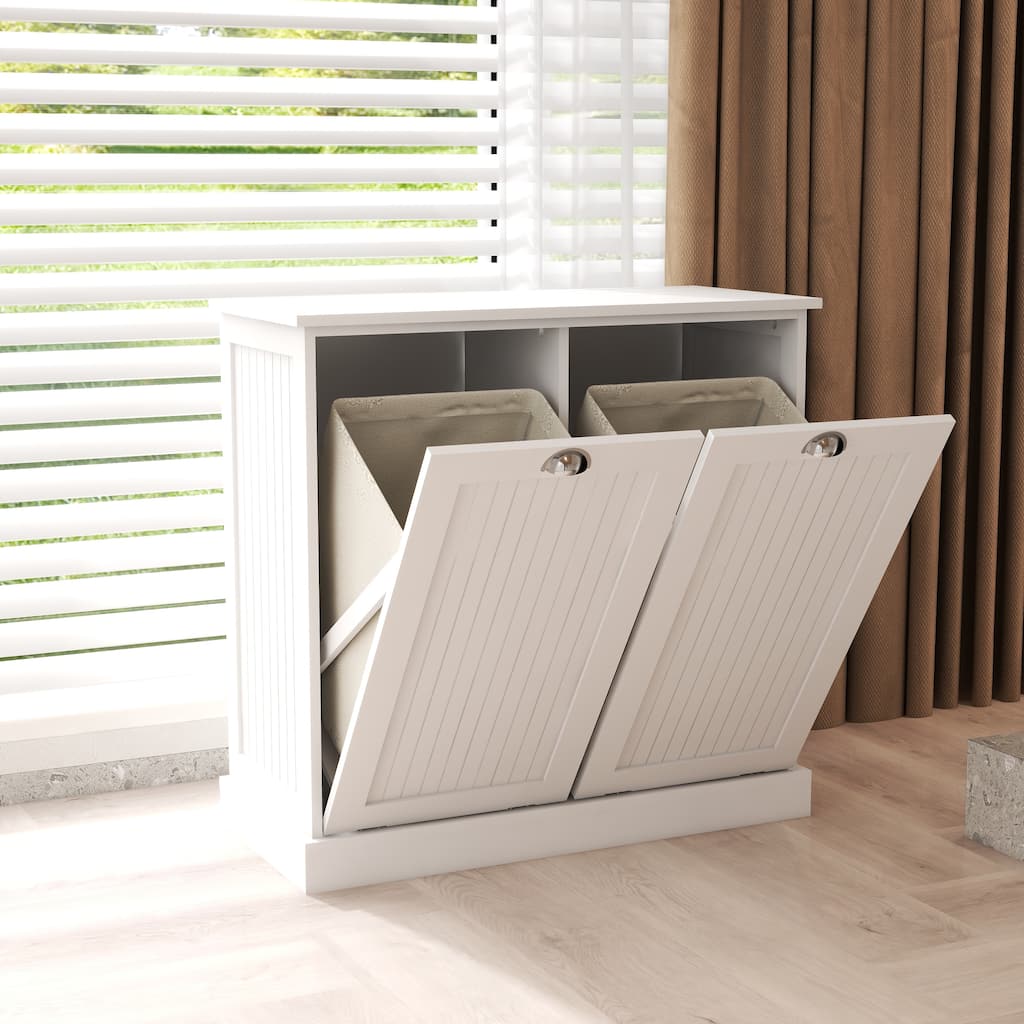 Two-Compartment Tilt-Out Laundry Sorter Cabinet-White