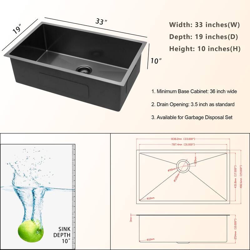 Kitchen Sink Undermount Singel Bowl Kitchen basin 16 Gauge Stainless Steel with 10 Inch Deep