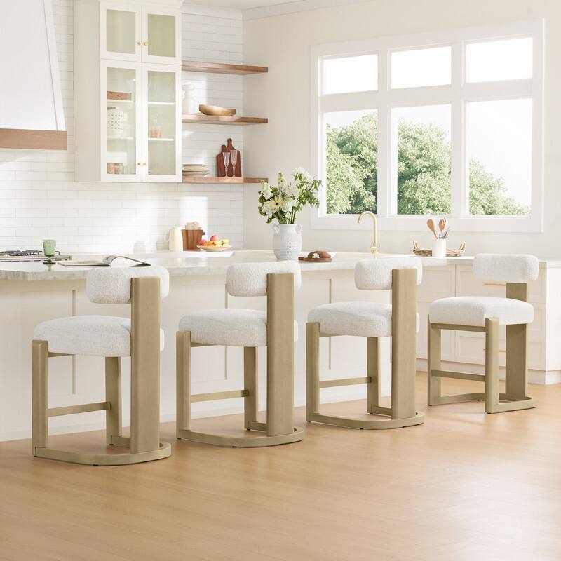 Spruce & Spring Arya Upholstered Boucle Counter Stool with Solid Wood Frame - Set of 4 - Pearl-Yellowish Grey Wood
