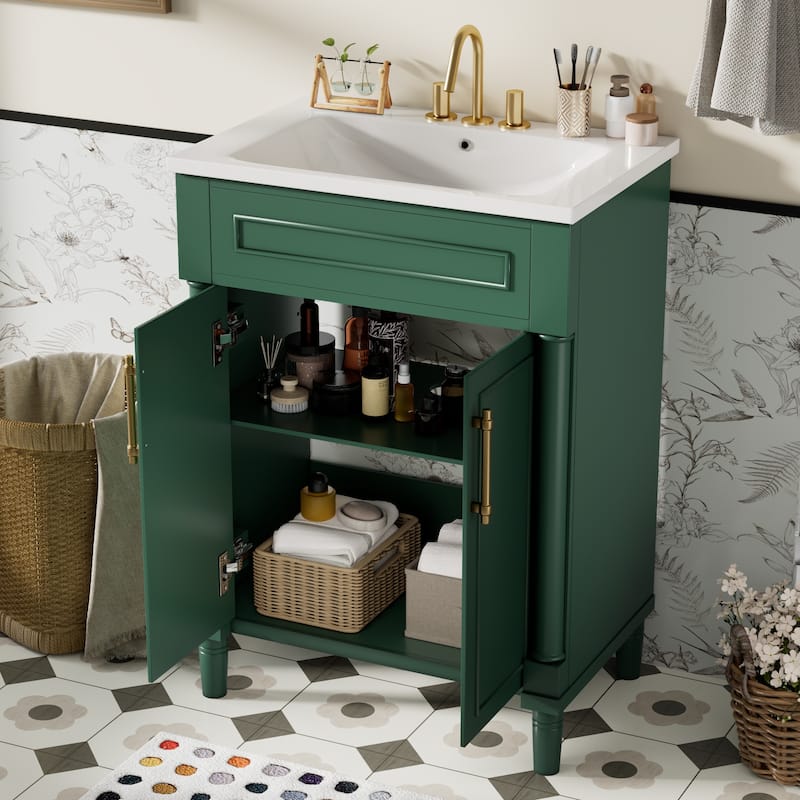 Elegant Bathroom Vanity Freestanding Storage Cabinet with Sink, 2 Doors, Gold Handles and Adjustable Interior Shelf