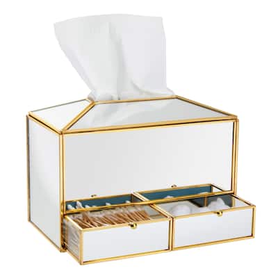 Gold Tissue Box Cover Rectangular with Drawer, Mirrored Dispenser for Bathroom