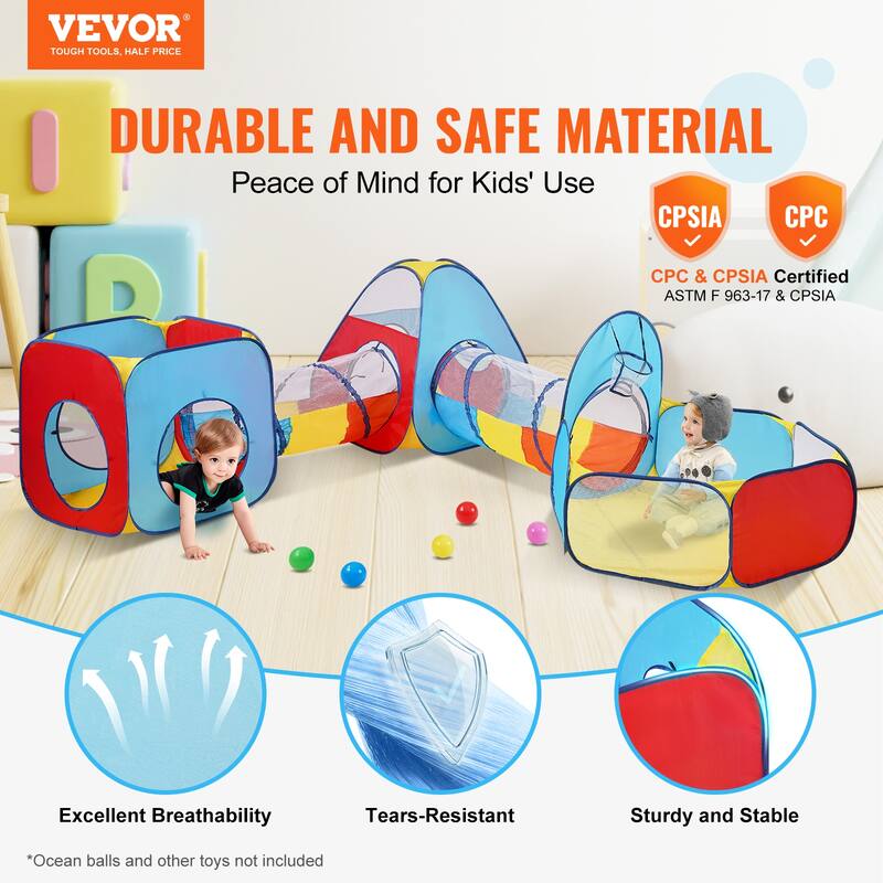 VEVOR 5 in 1 Kids Play Tent with Tunnel, Basketball Hoop for Boys, Girls, Red/Yellow/Blue - 5paragraphs