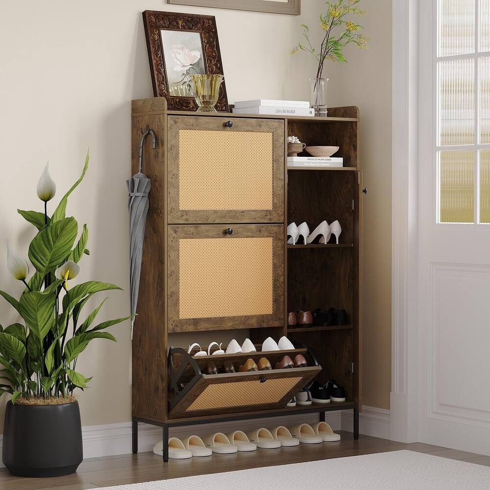 3-Tier Shoe Storage Cabinet with Rattan Doors and Adjustable Compartments