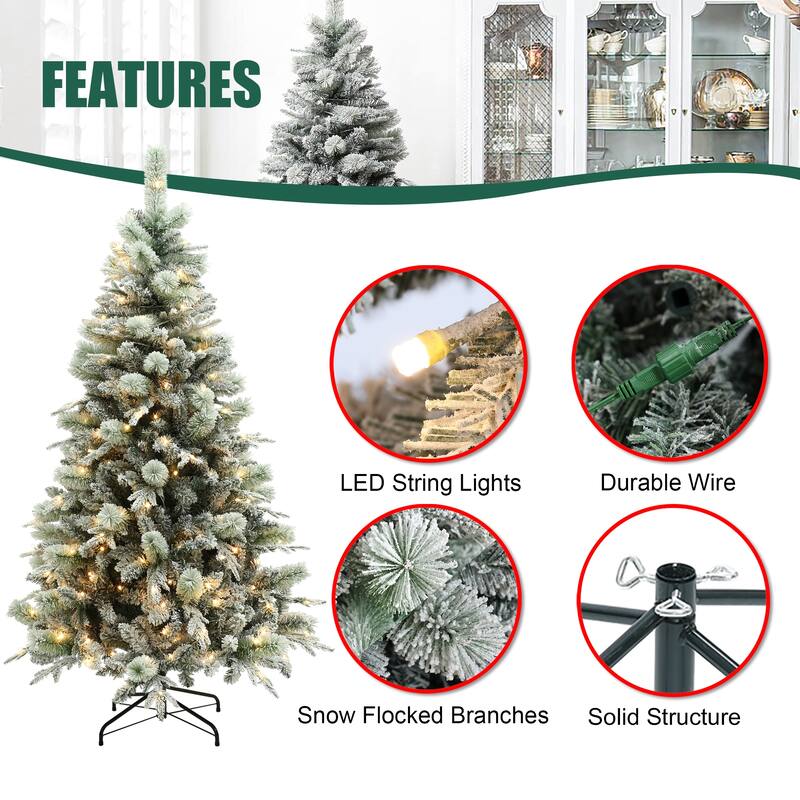 6Ft Full Artificial Snow-Flocked Christmas Tree with Lights, 10-Control & 3-Color Light Modes - 72" H x 41.3" Diameter