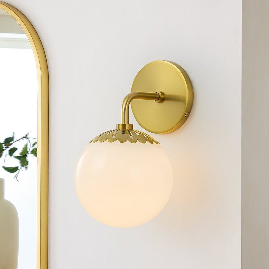 Mid-century Modern Brass Dewdrop Style Opal Glass Wall Sconce
