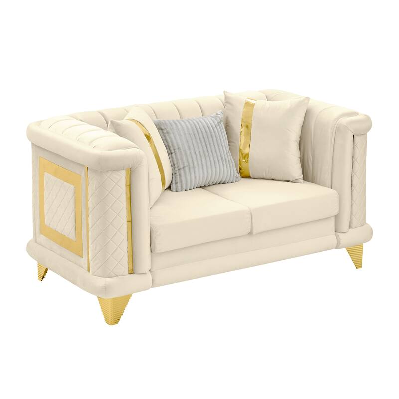 69" Velvet Luxury Loveseat,Mid-Century Modern Sofa with Gold Stainless Steel Trims, Tufted Back and 3 Premium Pillows