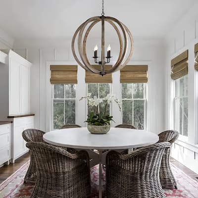 4 - Light Antique Black Natural Wood Orb Chandelier