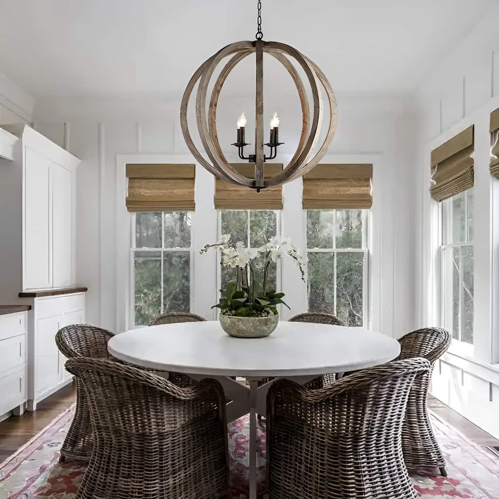 4 - Light Antique Black Natural Wood Orb Chandelier