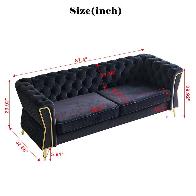 Tufted Velvet Sofa 87.4" - Flared Arms, Golden Frame