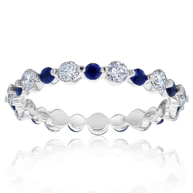 Kobelli Blue Sapphire & White Diamond 14k Gold Alternating Stackable Bead Prong Eternity Ring - White - 5.5